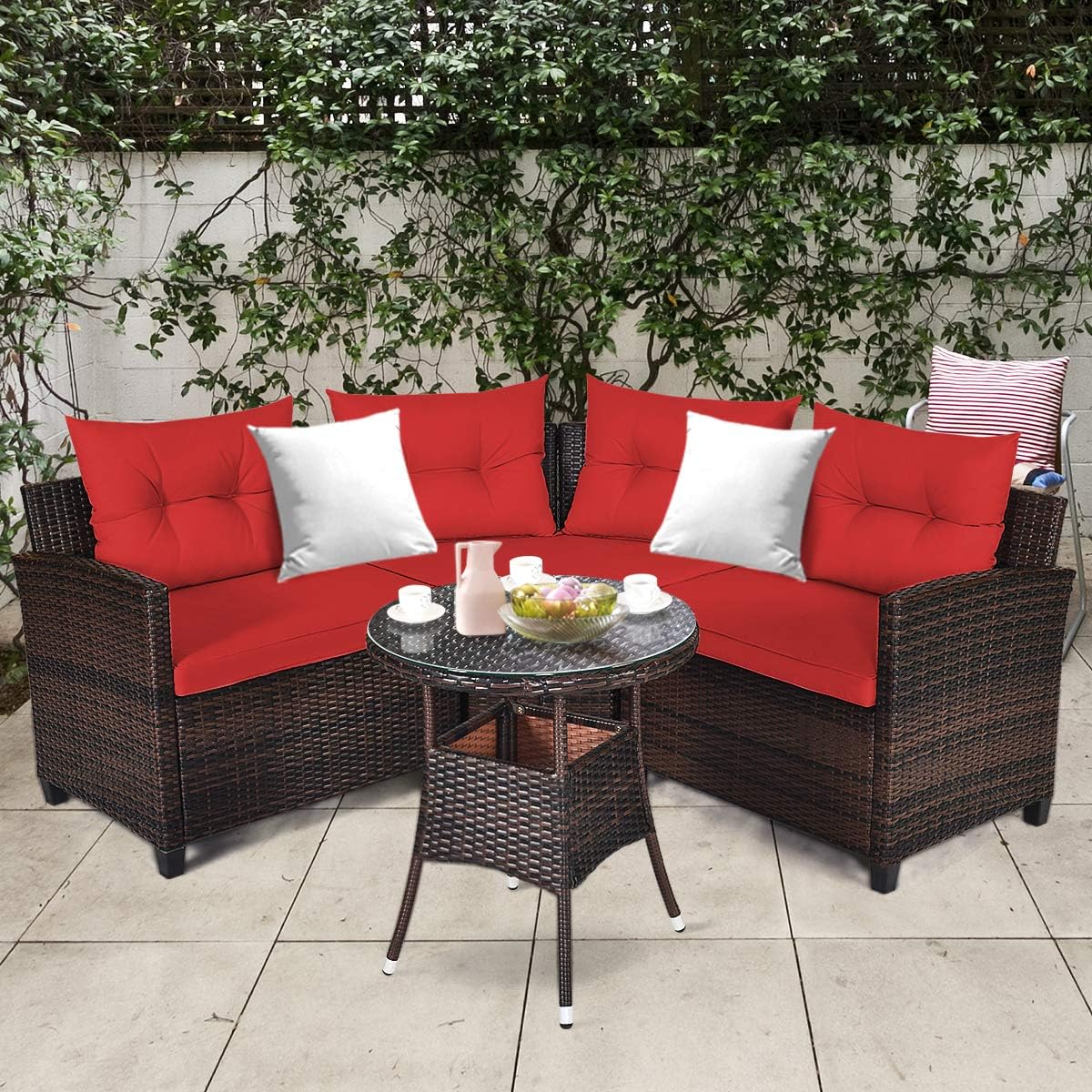 Tangkula 4-Piece C Shape Patio Furniture Set, Outdoor Corner Wicker Rattan Sectional Cushioned Sofa Set, with Glass Coffee Table, for Garden Poolside Balcony (Red)