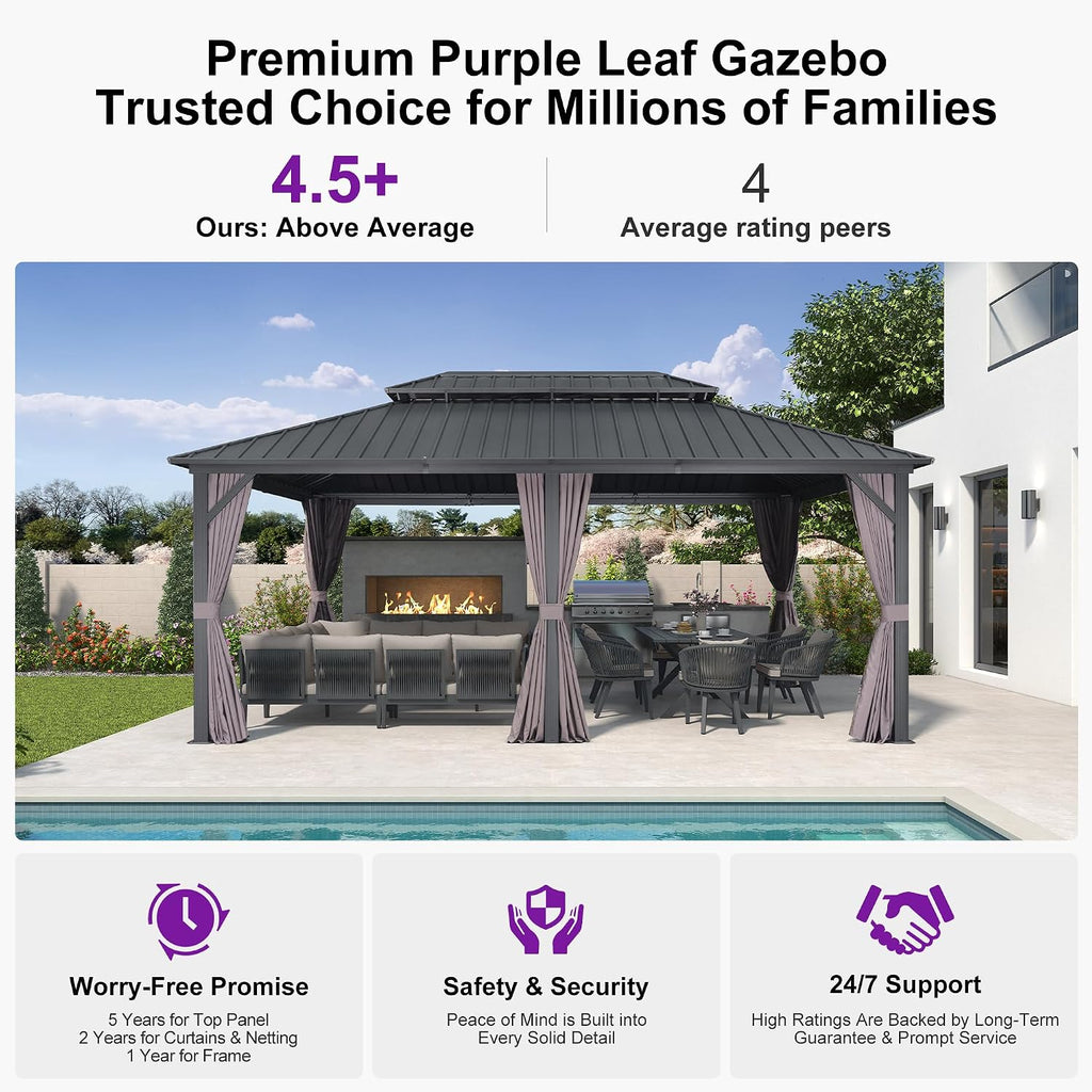 PURPLE LEAF 12' X 18' Patio Hardtop Gazebo Outdoor Pavilion Gazebo with Galvanized Steel Double Roof for Patio Lawn Garden Aluminum with Curtains Grey