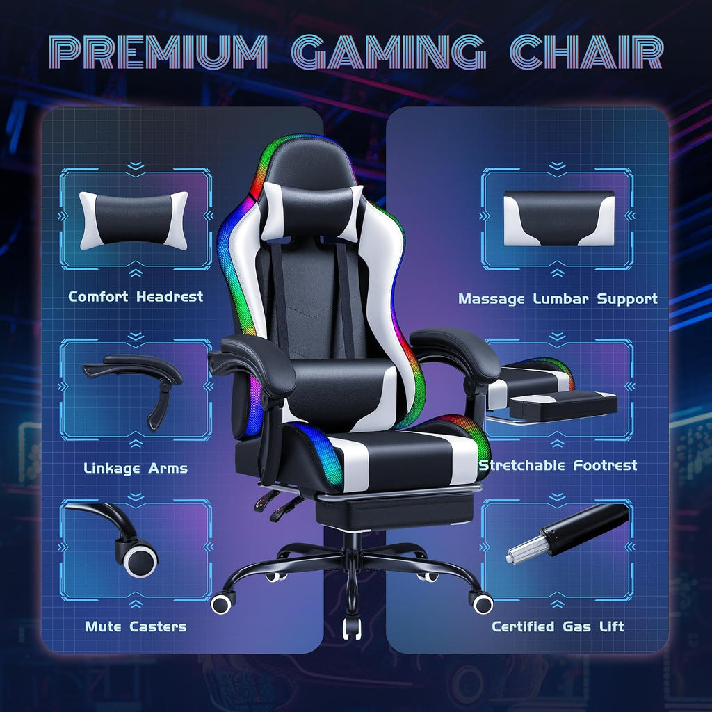 Furmax Gaming Chair with RGB LED Lights, Video Game Chair with Footrest and Massage Lumbar Support, High Back Reclining Computer Chair with Headrest, Swivel Seat Gamer Chair (LED White)