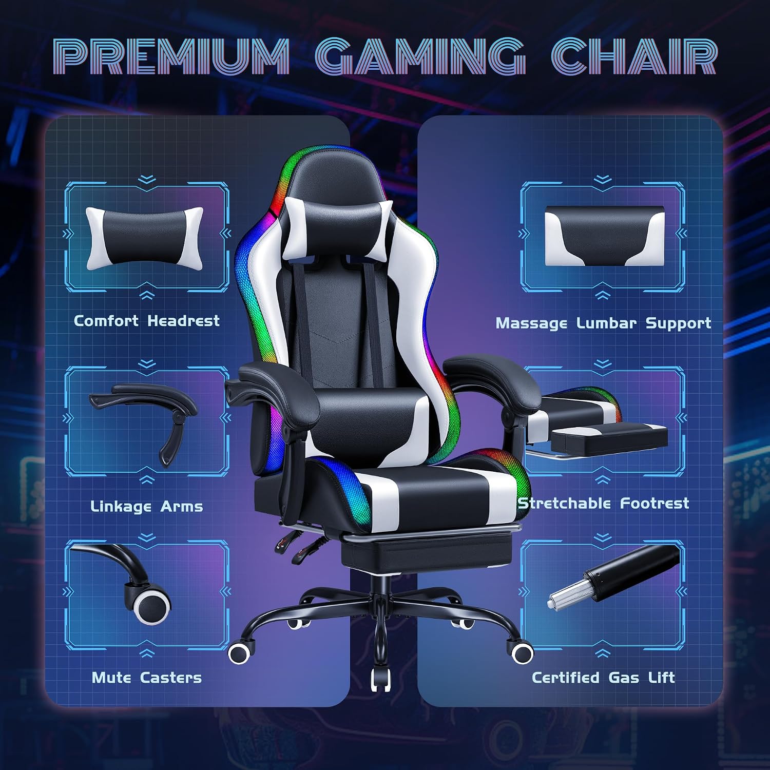Furmax Gaming Chair with RGB LED Lights, Video Game Chair with Footrest and Massage Lumbar Support, High Back Reclining Computer Chair with Headrest, Swivel Seat Gamer Chair (LED White)