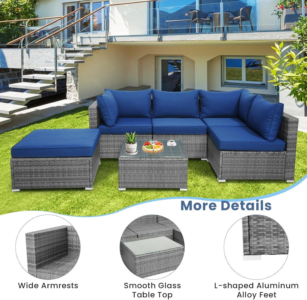 Tangkula 6 Pieces Sectional Patio Furniture Set, Weather Resistant Heavy Duty Outdoor Modular Sofa Set with Soft Padded Cushions, Tempered Glass Coffee Table, for Deck, Garden, Lawn, Poolside (Navy)