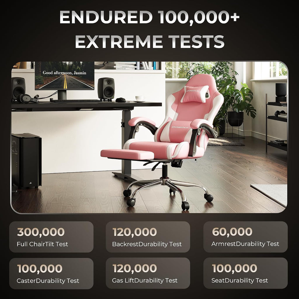Pink Gaming Chair with Footrest and Massage Lumbar Support, Ergonomic Reclining Computer Chair 330lbs with Adjustable Height and Headrest Pillow, Cute Aesthetic Esports Chair for Girls, Pink