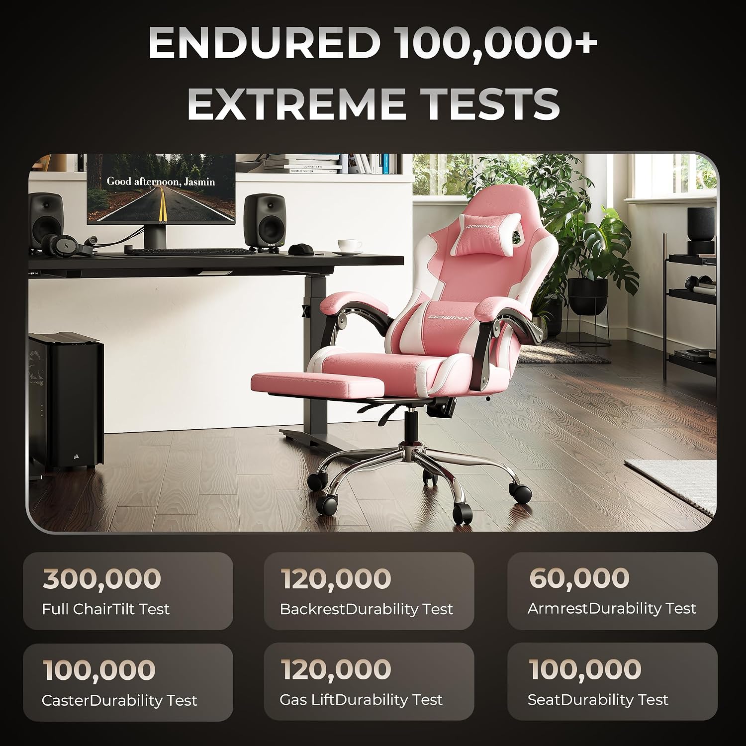 Pink Gaming Chair with Footrest and Massage Lumbar Support, Ergonomic Reclining Computer Chair 330lbs with Adjustable Height and Headrest Pillow, Cute Aesthetic Esports Chair for Girls, Pink