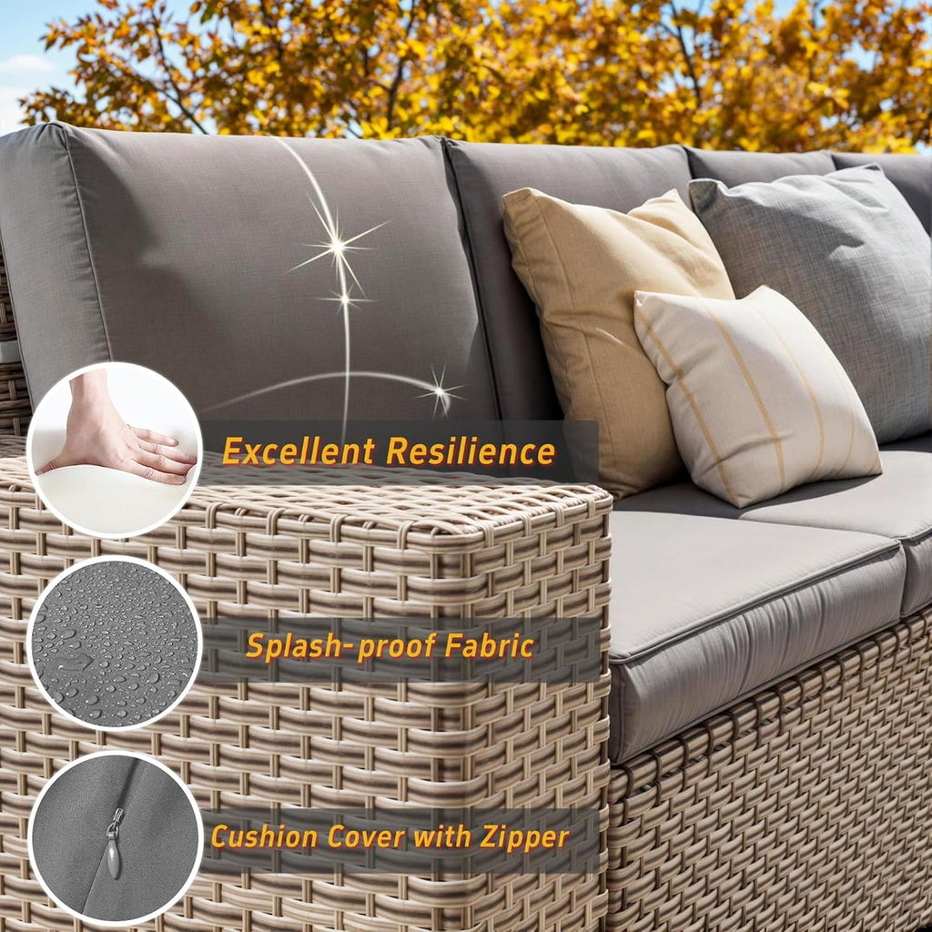 6 Pieces Patio Furniture Set, Outdoor Sectional Wicker Sofa with Thickened Cushions and Coffee Table, High Back Rattan Patio Conversation Sets for Garden Backyard, Grey