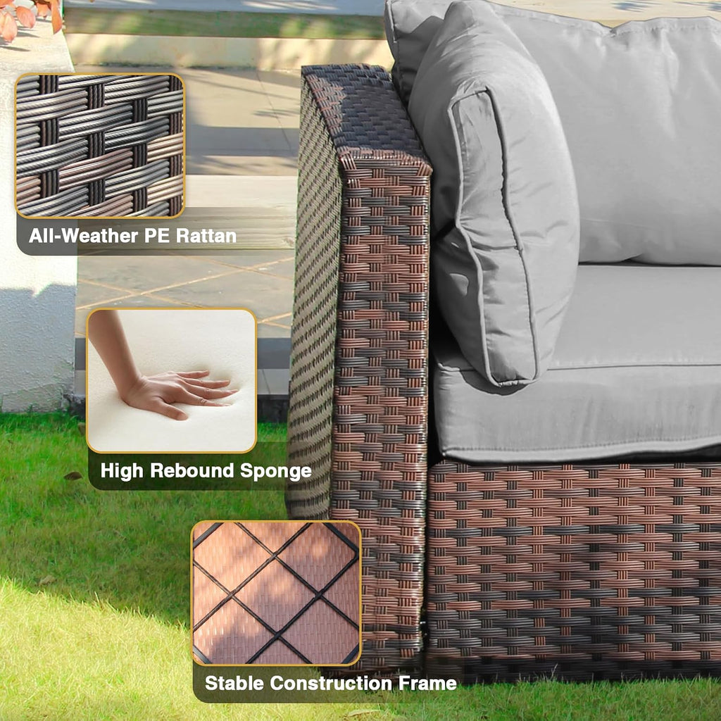 5 Piece Patio Furniture Set with Fire Pit Table, Outdoor Sectional Sofa PE Rattan, Patio Conversation Sets with Cushions for Garden Lawn Balcony Porch Deck Grey