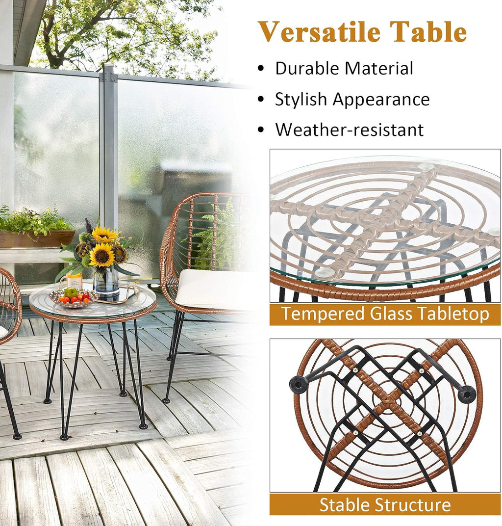 Tangkula 3 Pieces Patio Conversation Bistro Set, Outdoor Wicker Furniture w/Round Tempered Glass Top Table & 2 Rattan Armchairs, Bistro Chat Set w/Seat Cushions for Porch, Backyard, Garden