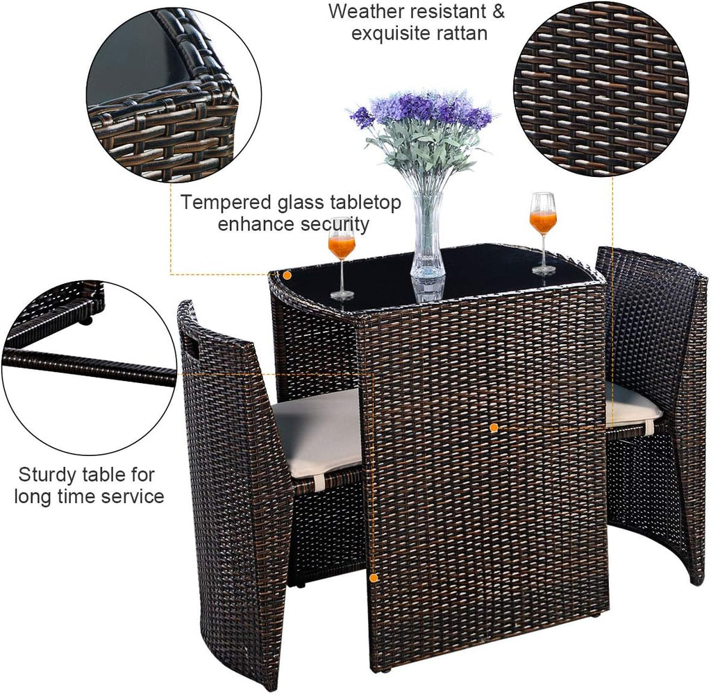 Giantex 3 PCS Cushioned Outdoor Wicker Patio Set Convention Bistro Set Garden Lawn Space Saving Conversation Sofa Furniture No Assembly (Brown)