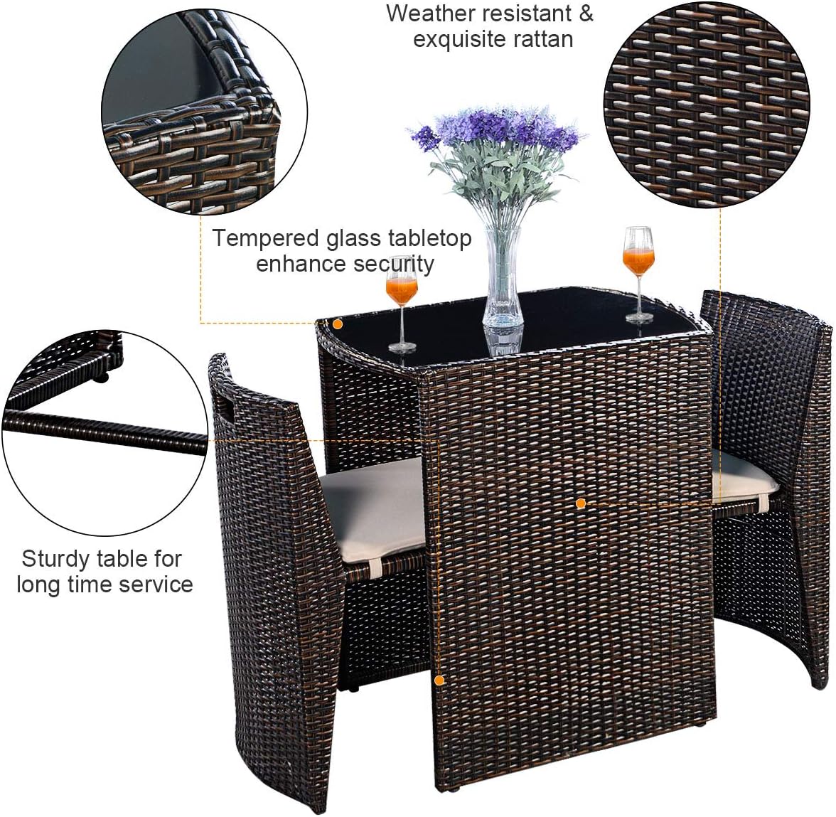 Giantex 3 PCS Cushioned Outdoor Wicker Patio Set Convention Bistro Set Garden Lawn Space Saving Conversation Sofa Furniture No Assembly (Brown)