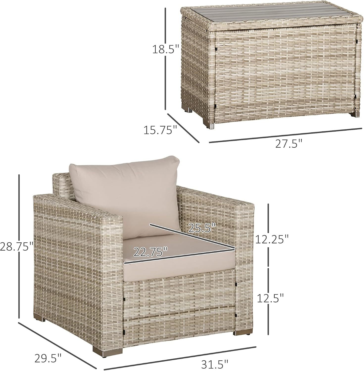 Outsunny 3 Piece Patio Furniture Set, PE Rattan Small Wicker Balcony Furniture, Table & Chairs with Cushions Composite Table, Conversation Set for Apartment, Gray