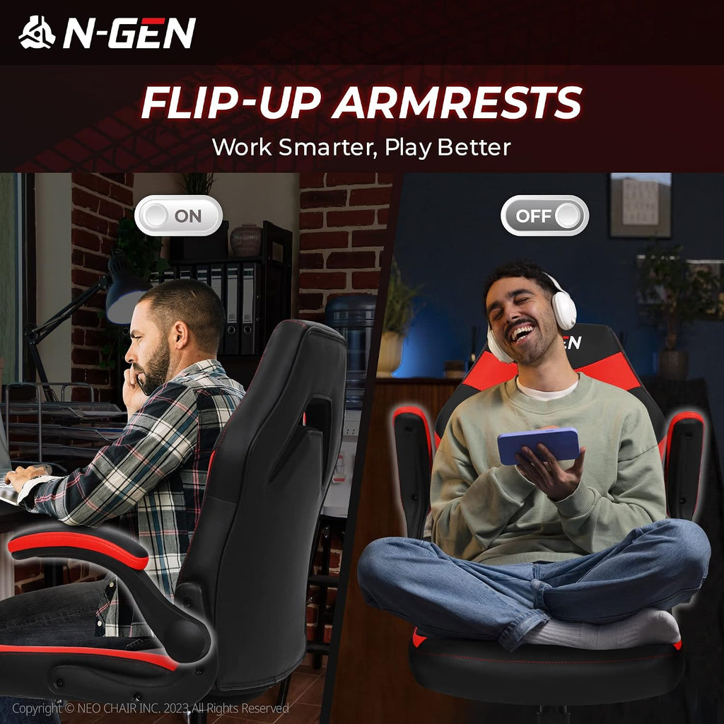 N-GEN Video Gaming Chair Ergonomic Computer Desk Office Chair with Lumbar Support Adjustable Height Swivel Wheels Flip-Up Arms PU Leather Home and Office (Red)