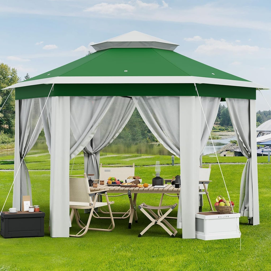 13'X13' Pop Up Gazebo,Patio Portable Gazebos with Mosquito Netting,Double-Layer Outdoor Canopy Tent,Hexagonal Pavilion for Garden Backyard Lawn & Deck,Heavy Duty Party