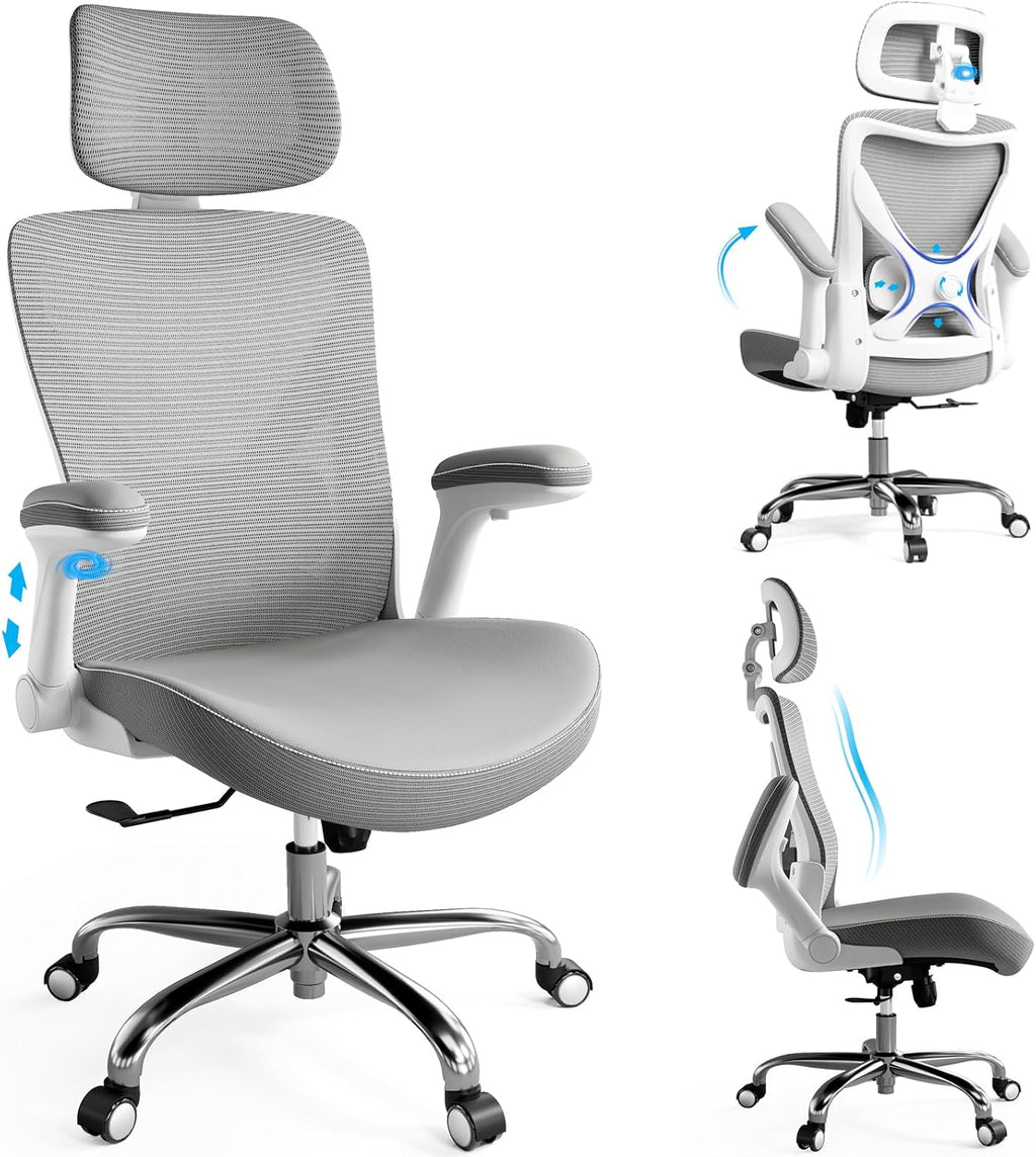 Ergalithic Ergonomic Office Chair-Computer X-Shaped Chair Mesh PU Leather with Adjustable Lumbar Support-Executive Desk Chair High Back with Headrest Flip-Up Arms for Long Hours (White-Grey)