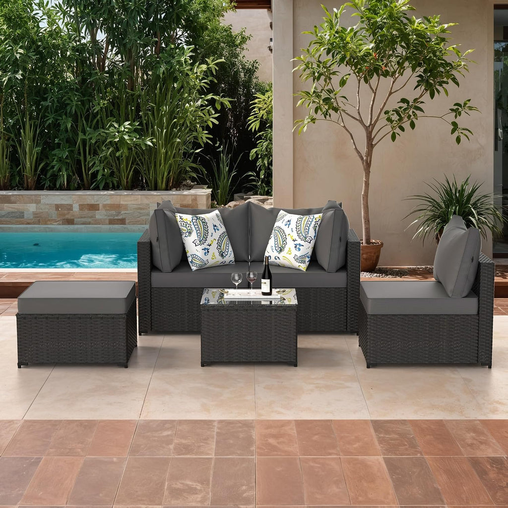 GOJOOASIS Patio Furniture Set Outdoor Sectional Sofa with Ottoman Wicker Couch Rattan Modular Seating Conversation Sets Porch Decor for Backyard, Balcony, Garden (Grey)
