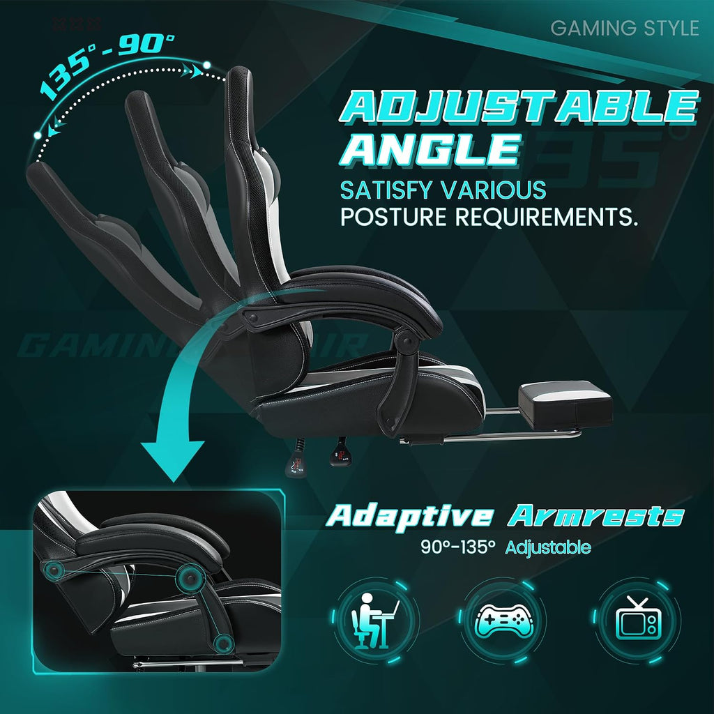 Gaming Chair with RGB, Computer Gaming Chairs with LED Lights and Footrest for Home, Office, White and Black