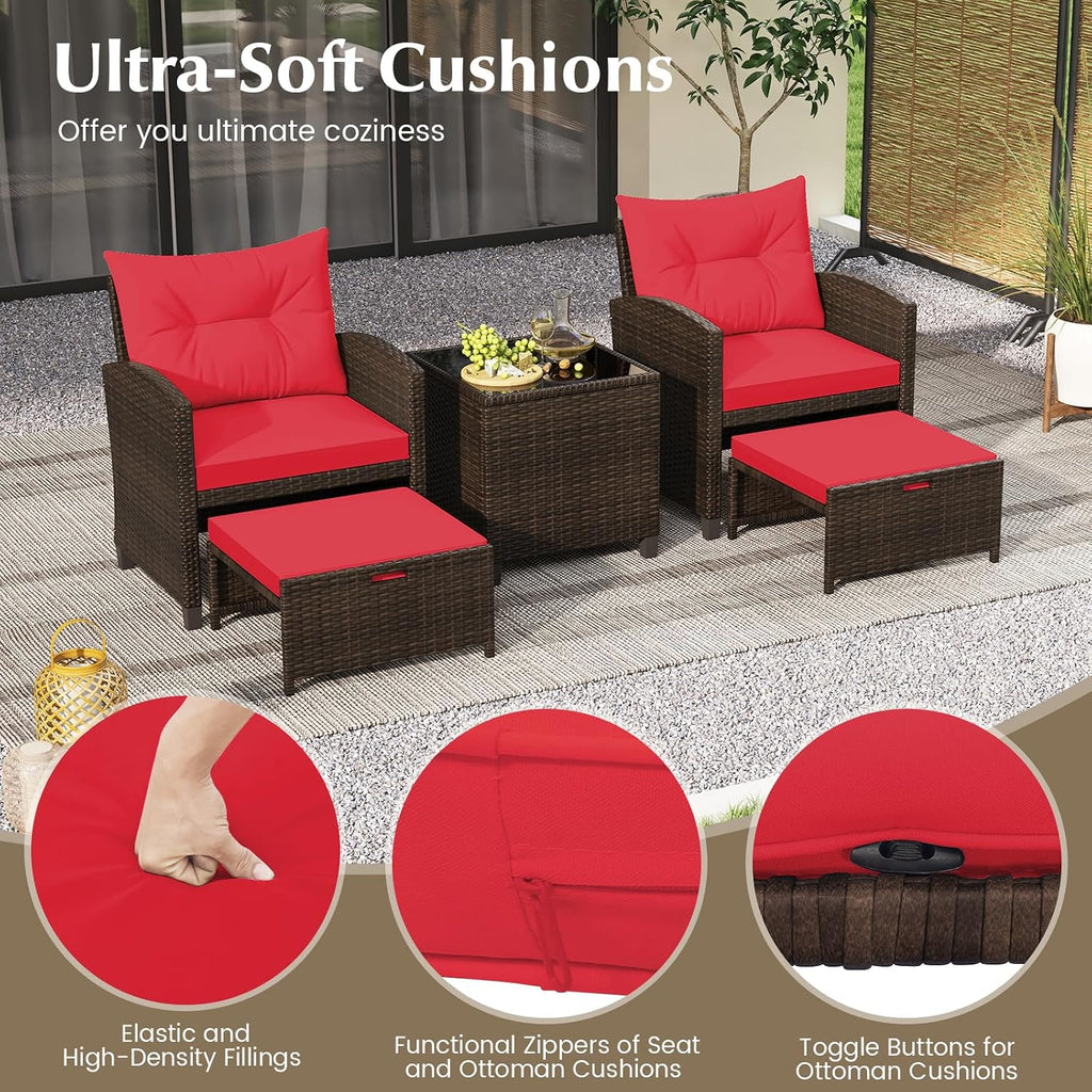 KOTEK 5 Pieces Patio Furniture Set with Ottomans, Wicker Patio Conversation Set with Coffee Table & Cushions, PE Rattan Outdoor Lounge Chairs for Backyard, Porch, Poolside (Mix Brown- Red)