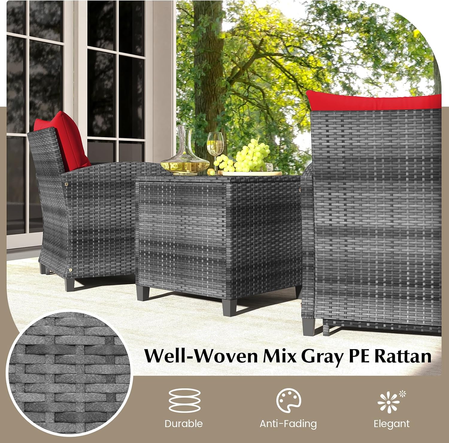 KOTEK 5 Pieces Patio Furniture Set with Ottomans, Wicker Patio Conversation Set with Coffee Table & Cushions, PE Rattan Outdoor Lounge Chairs for Backyard, Porch, Poolside (Mix Grey- Red)