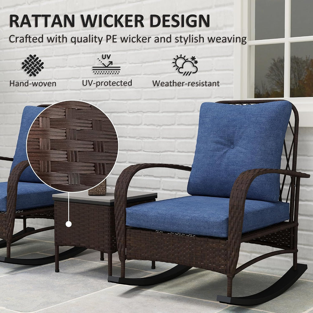 Outsunny 3 Piece Wicker Patio Furniture Set, PE Rattan Rocking Chairs with Coffee Table, Cushions, Outdoor Bistro Set for Porch, Garden, Poolside, Brown