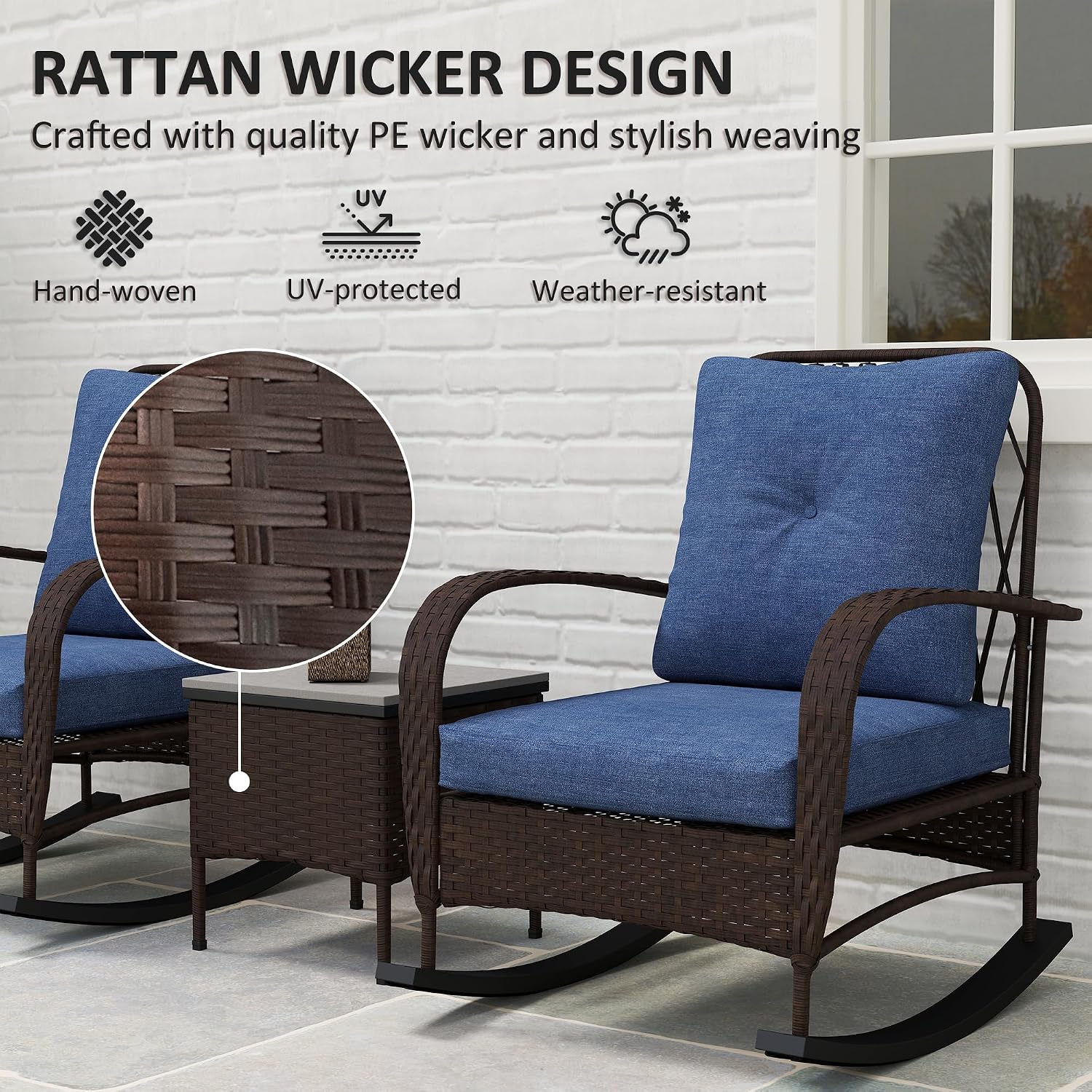 Outsunny 3 Piece Wicker Patio Furniture Set, PE Rattan Rocking Chairs with Coffee Table, Cushions, Outdoor Bistro Set for Porch, Garden, Poolside, Brown