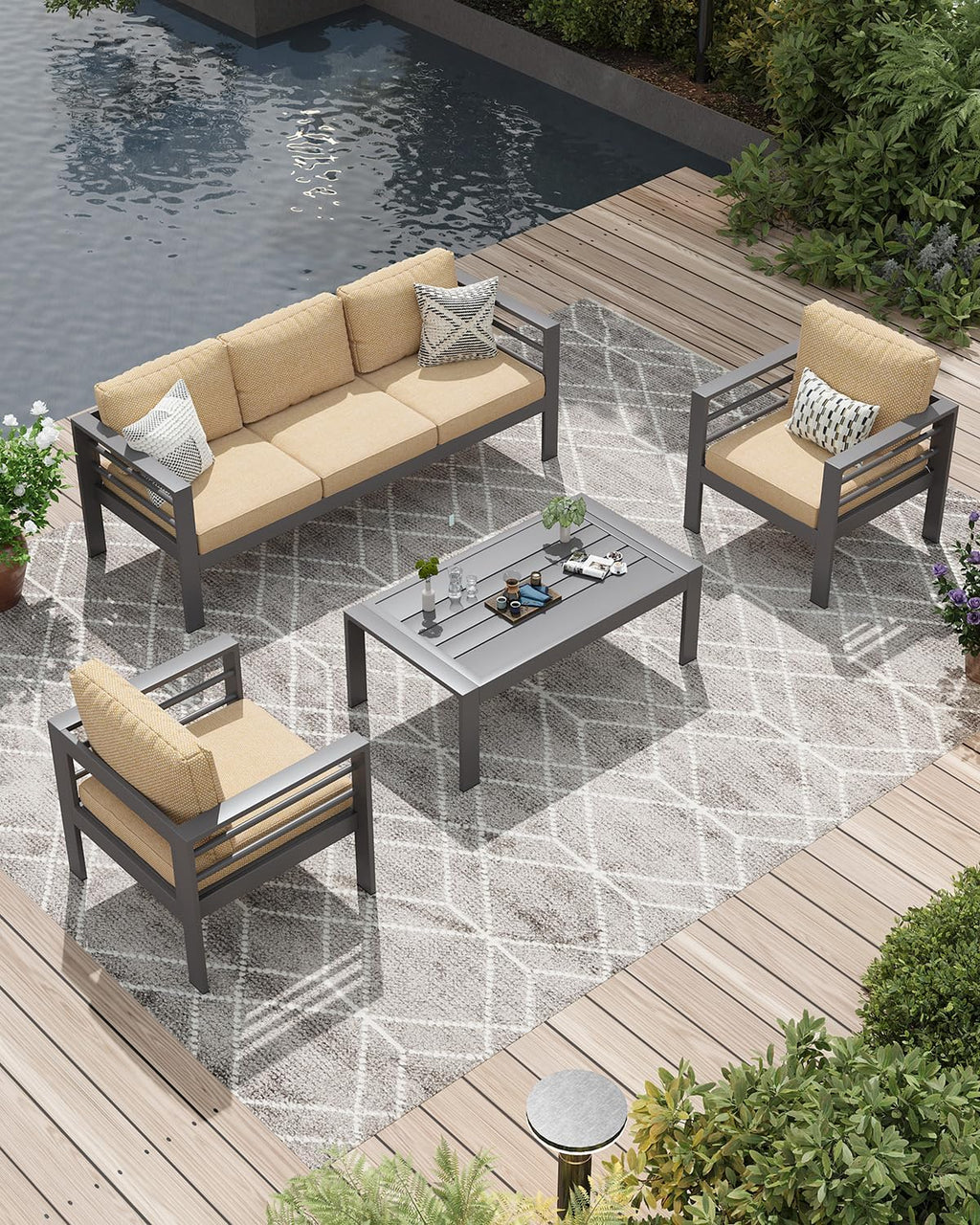 AECOJOY Aluminum Patio Furniture Set, 5 Seats Modern Outdoor Furniture with Coffee Table, 4 Pieces Metal Conversation Sectional Sofa, Beige