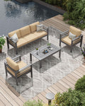 AECOJOY Aluminum Patio Furniture Set, 5 Seats Modern Outdoor Furniture with Coffee Table, 4 Pieces Metal Conversation Sectional Sofa, Beige