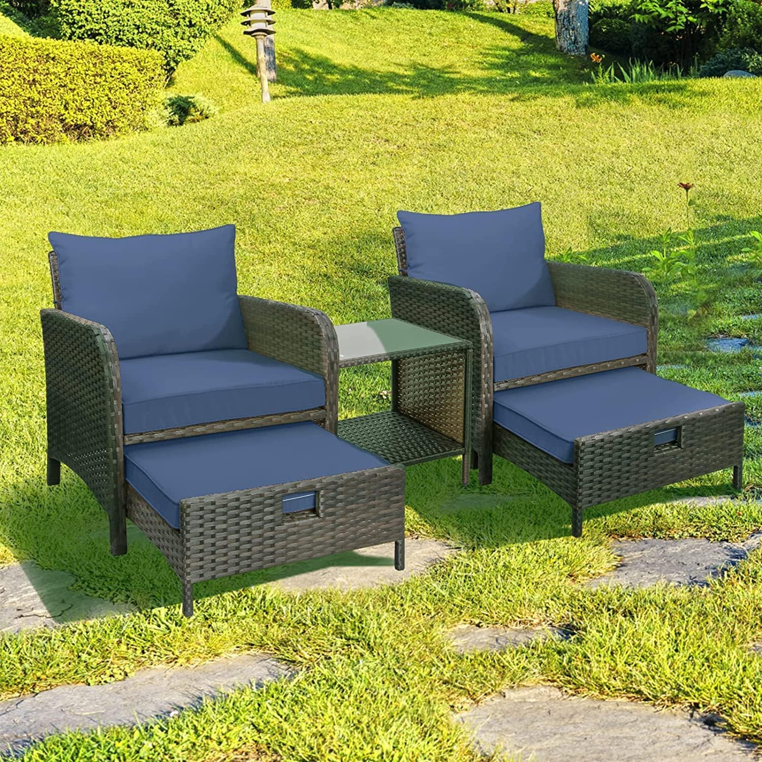 LEVELEVE Balcony Furniture 5 Piece Patio Conversation Set, PE Wicker Rattan Outdoor Lounge Chairs with Soft Cushions 2 Ottoman&Glass Table for Porch, Lawn-Brown Wicker