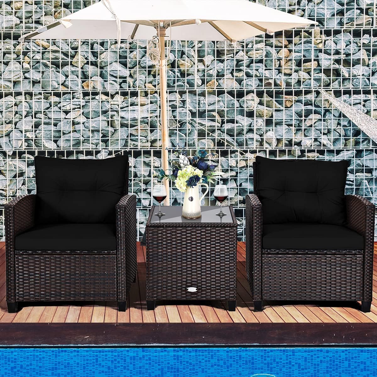 KOTEK 3 Piece Patio Furniture Set, Outdoor Conversation Set with Washable Cushions & Tempered Glass Tabletop, PE Rattan Wicker Bistro Set for Porch, Garden, Balcony (Black)
