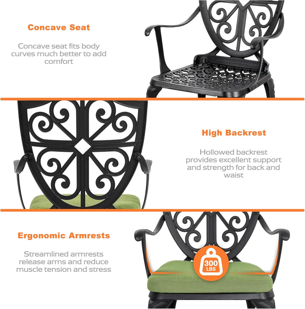 NUU GARDEN 3 Piece Outdoor Bistro Set, Outdoor Cast Aluminum Patio Bistro Table and Chairs Set of 2 with Umbrella Hole and Green Cushions for Backyard, Balcony, Porch, Black