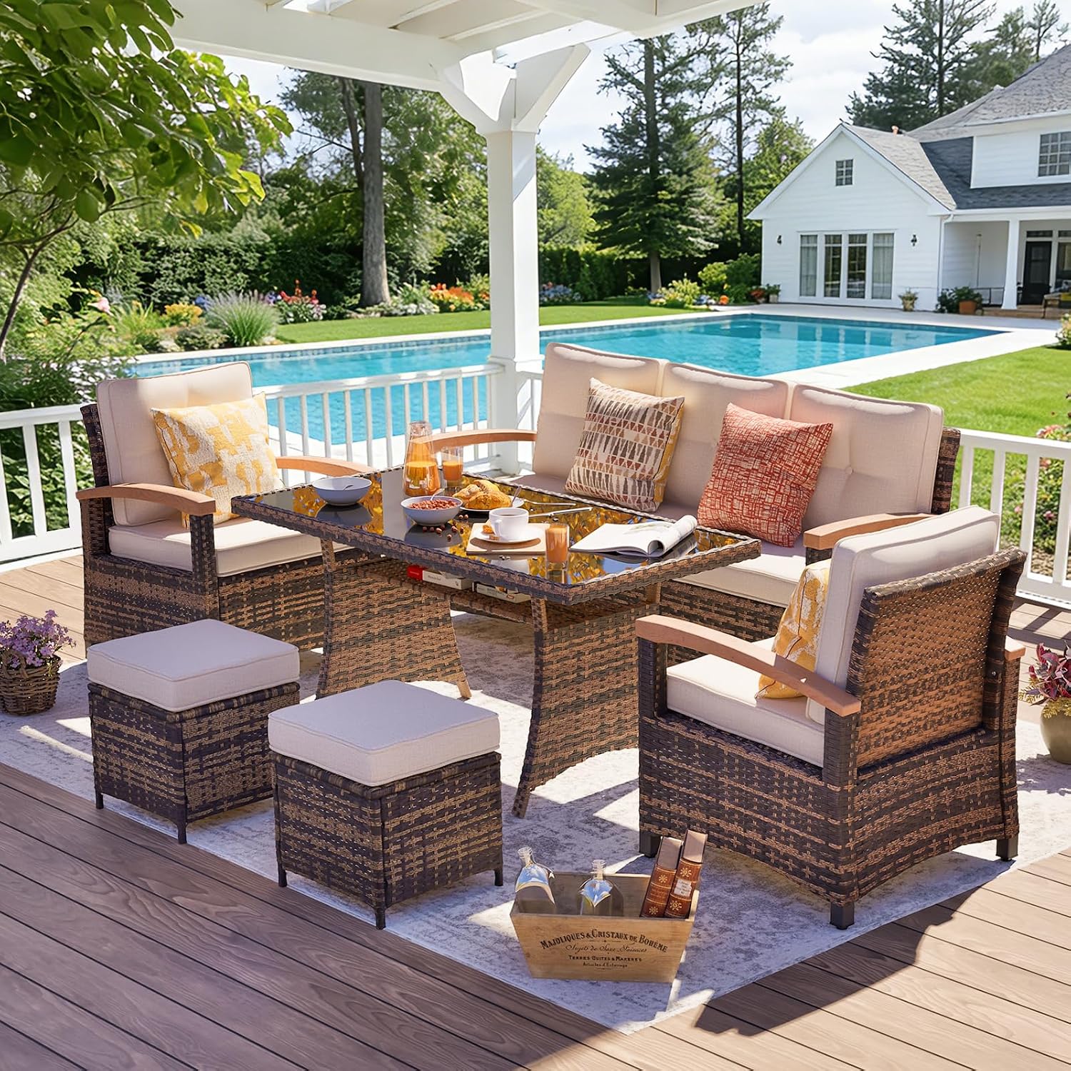 MEISSALIVVE 6 Pieces Patio Furniture Sets, PE Wicker Outdoor Conversation Sets with 2 Wood Armrests Single Chairs, 2 Ottomans and Dining Table (Beige)