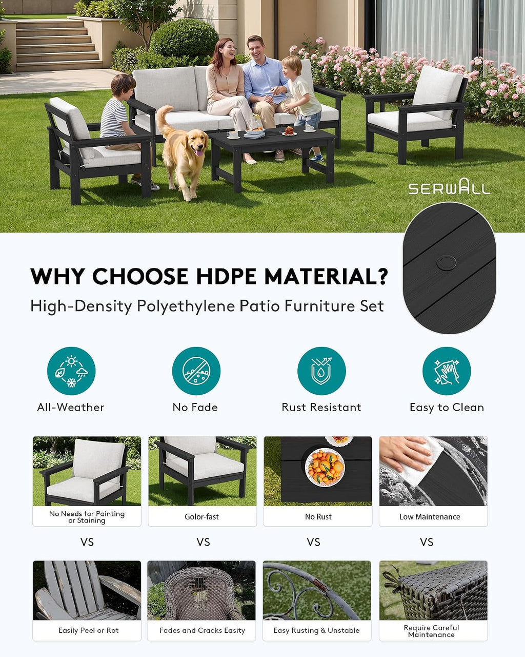 SERWALL HDPE Patio Conversation Set, 6-piece Sectional Outdoor Furniture Set, All Weather Outdoor Couch Set Patio Furniture Set for Deck, Lawn, Black Frame with Khaki Cushion