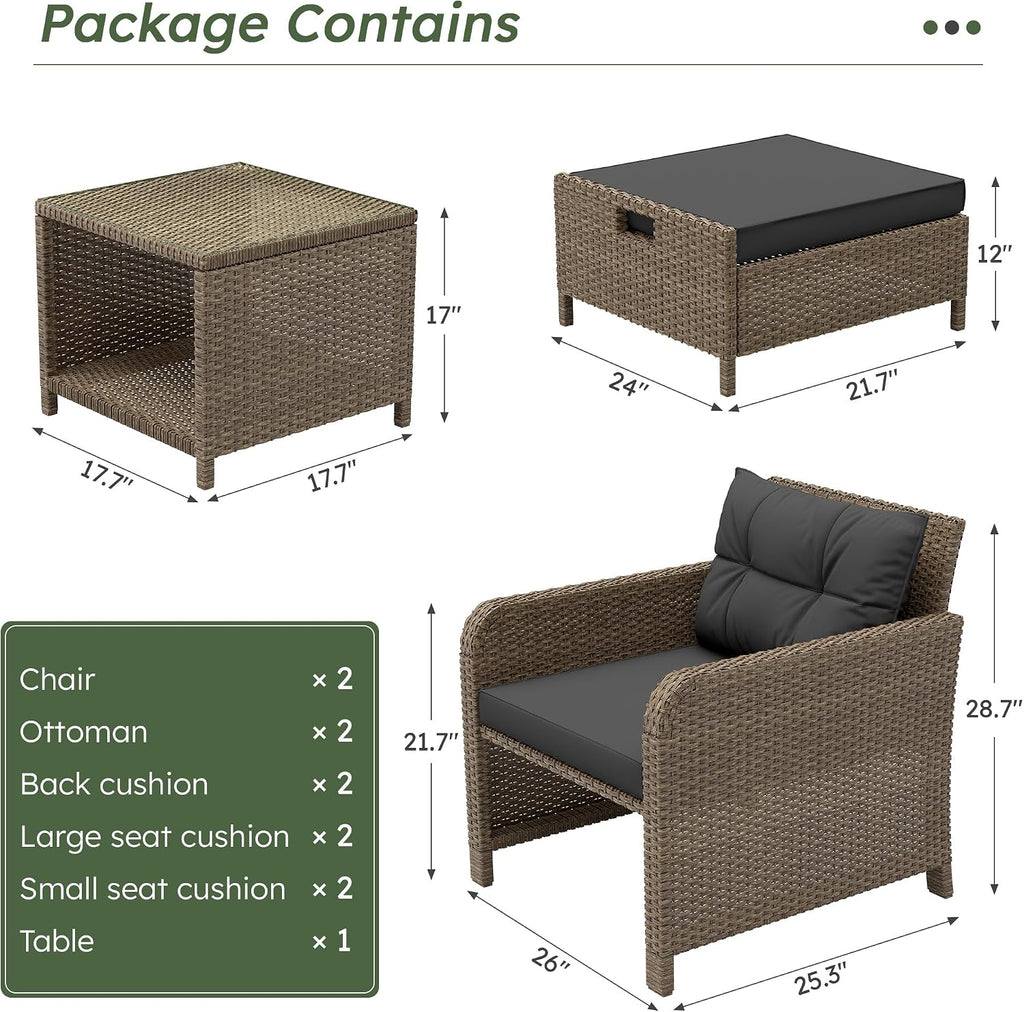 Balcony Furniture 5 Pieces Patio Set, Hand-Woven Rattan Patio Conversation Set with Soft Cushions & Coffee Table, Outdoor Chairs with Hidden Ottoman for Porch, Lawn, Garden, Balcony, Black