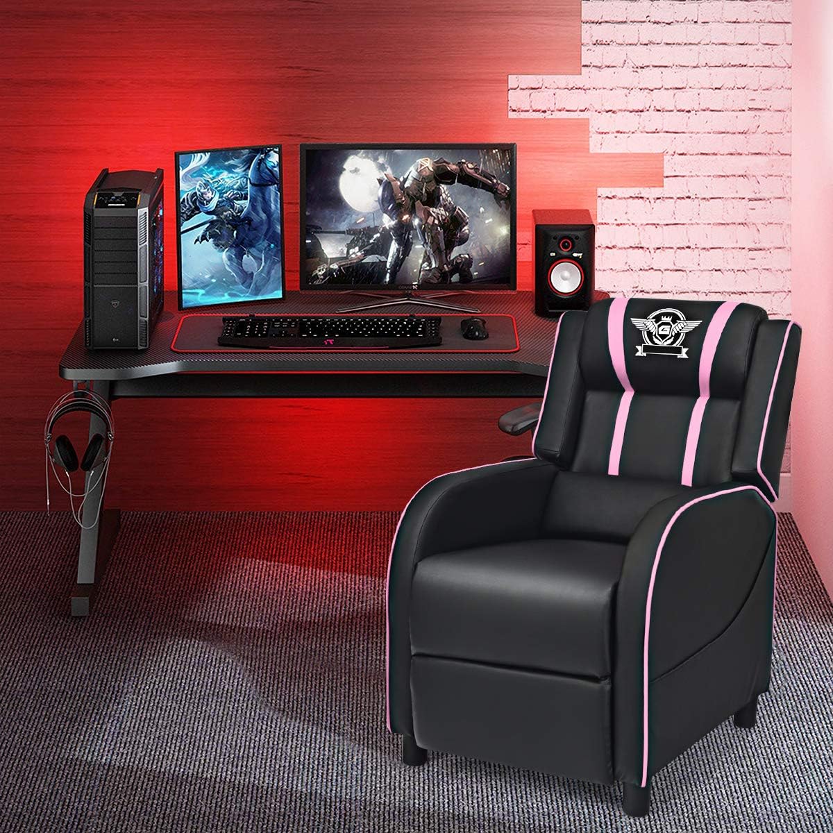 Giantex Gaming Recliner Chair, Adjustable Massage Gaming Chairs for Adults, Ergonomic Comfortable Lounge Leather Sofa w/Footrest, Remote Control & Side Pocket, Racing Style Single Sofa Recliners, Pink