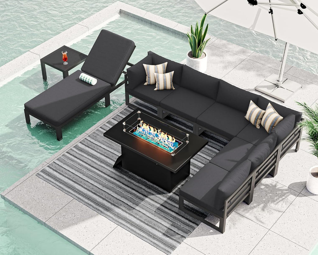 RADIATA 9 Piece Oversized Modular Aluminum Patio Furniture Set with Chaise Lounge, 29 inch Deep and Wide Sectional Couch, 500 lbs High Weight Capacity, Outdoor Conversation Set for Poolside, Dark Gray