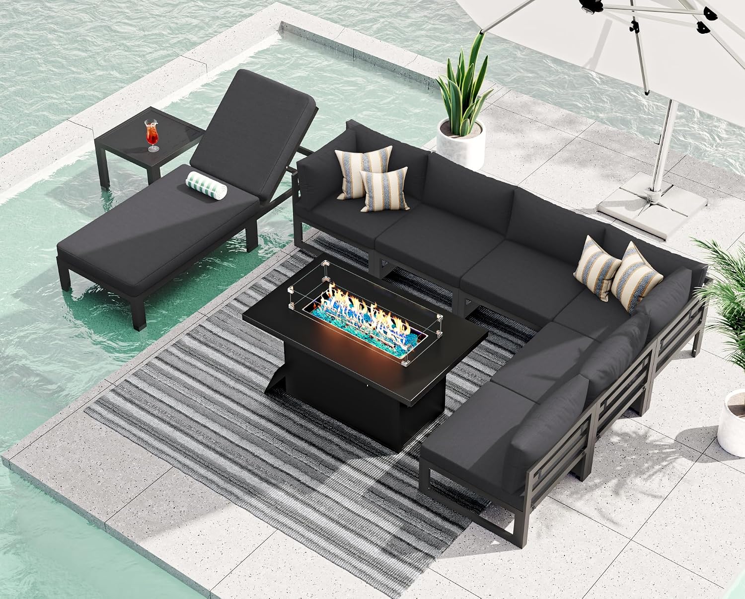 RADIATA 9 Piece Oversized Modular Aluminum Patio Furniture Set with Chaise Lounge, 29 inch Deep and Wide Sectional Couch, 500 lbs High Weight Capacity, Outdoor Conversation Set for Poolside, Dark Gray