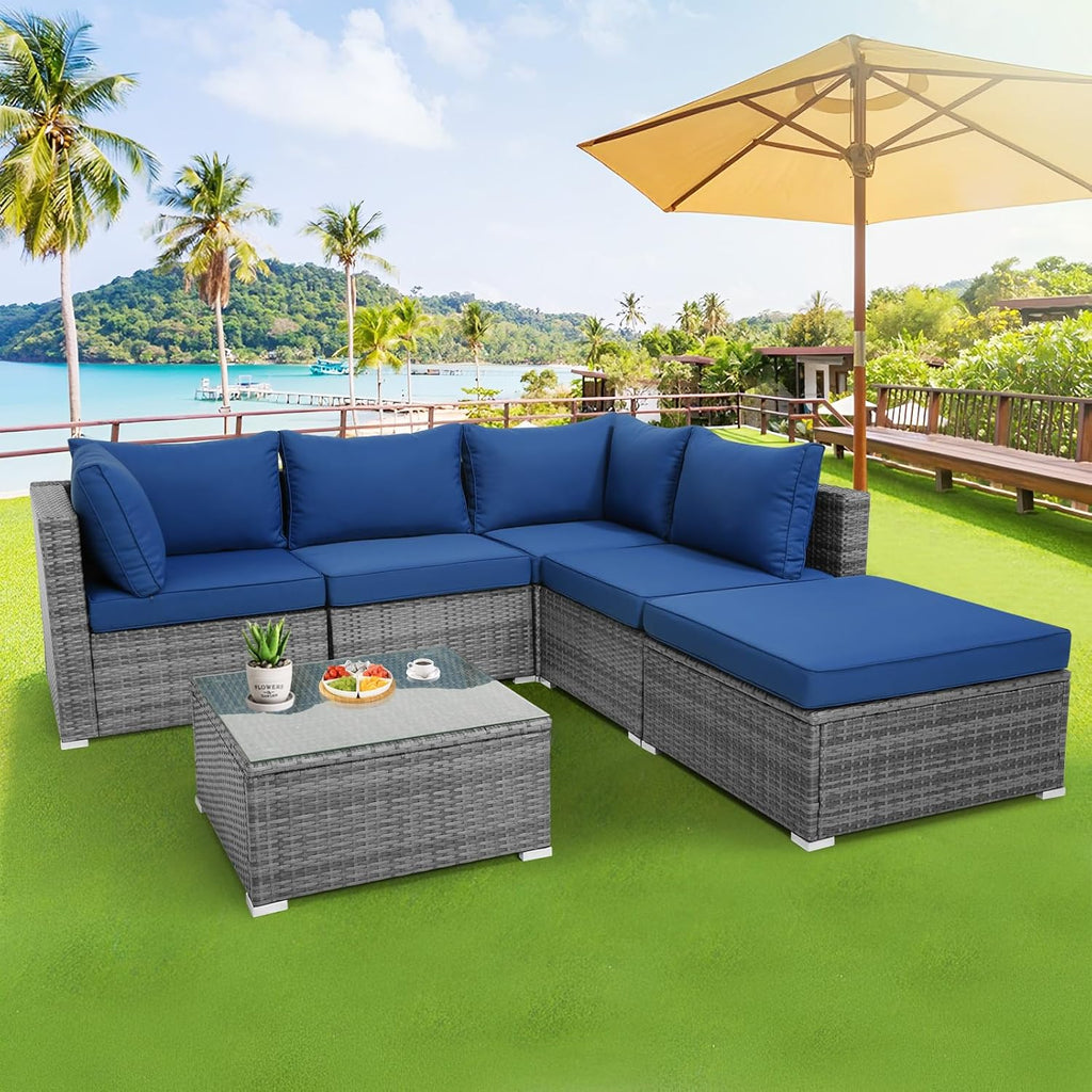 Tangkula 6 Pieces Sectional Patio Furniture Set, Weather Resistant Heavy Duty Outdoor Modular Sofa Set with Soft Padded Cushions, Tempered Glass Coffee Table, for Deck, Garden, Lawn, Poolside (Navy)