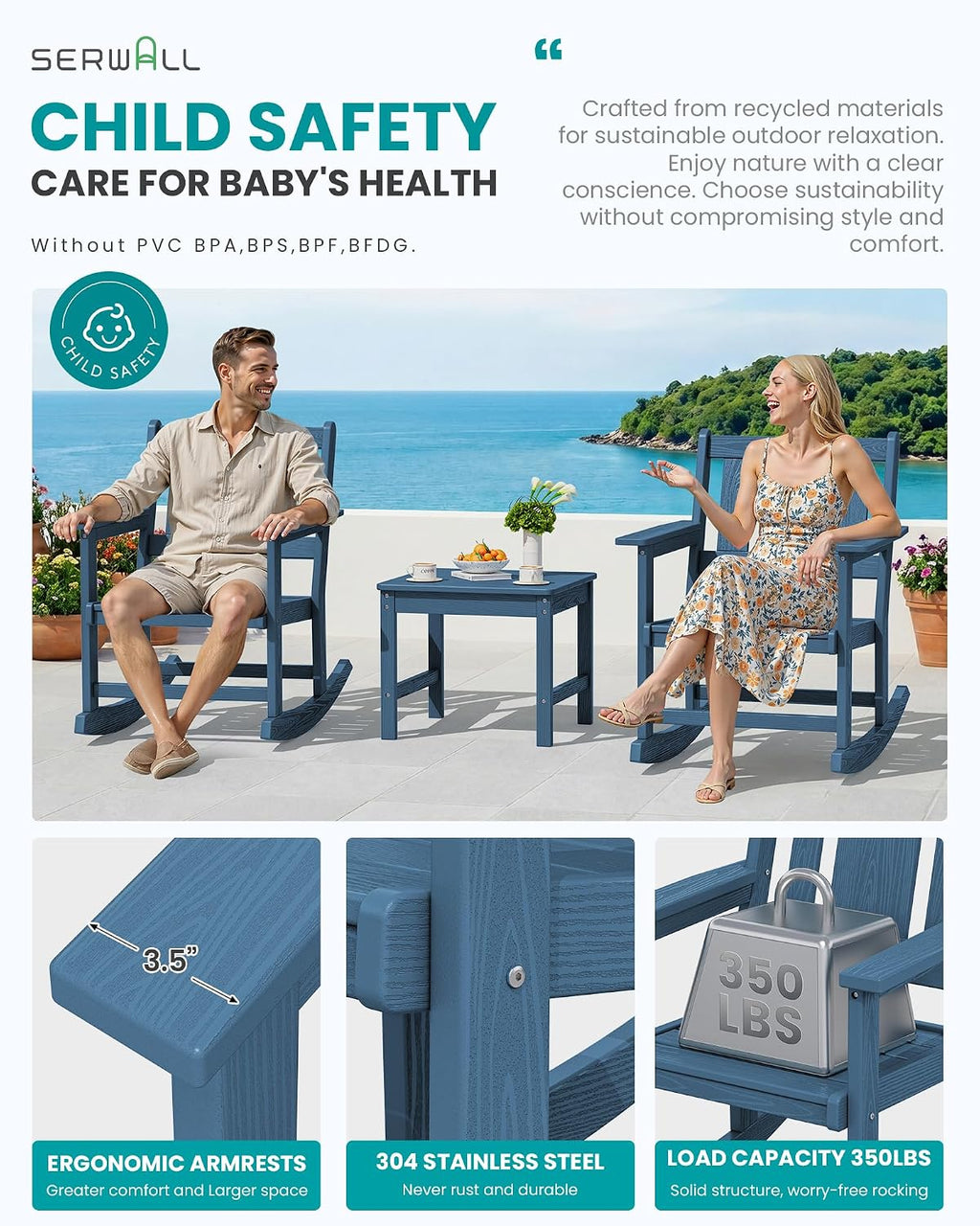 SERWALL Outdoor Rocking Chairs Set of 2 with 1 Side Table & 9ft Patio Umbrella, All-Weather HDPE 3 Piece Patio Furniture Set(Umbrella Base Not Included), Blue