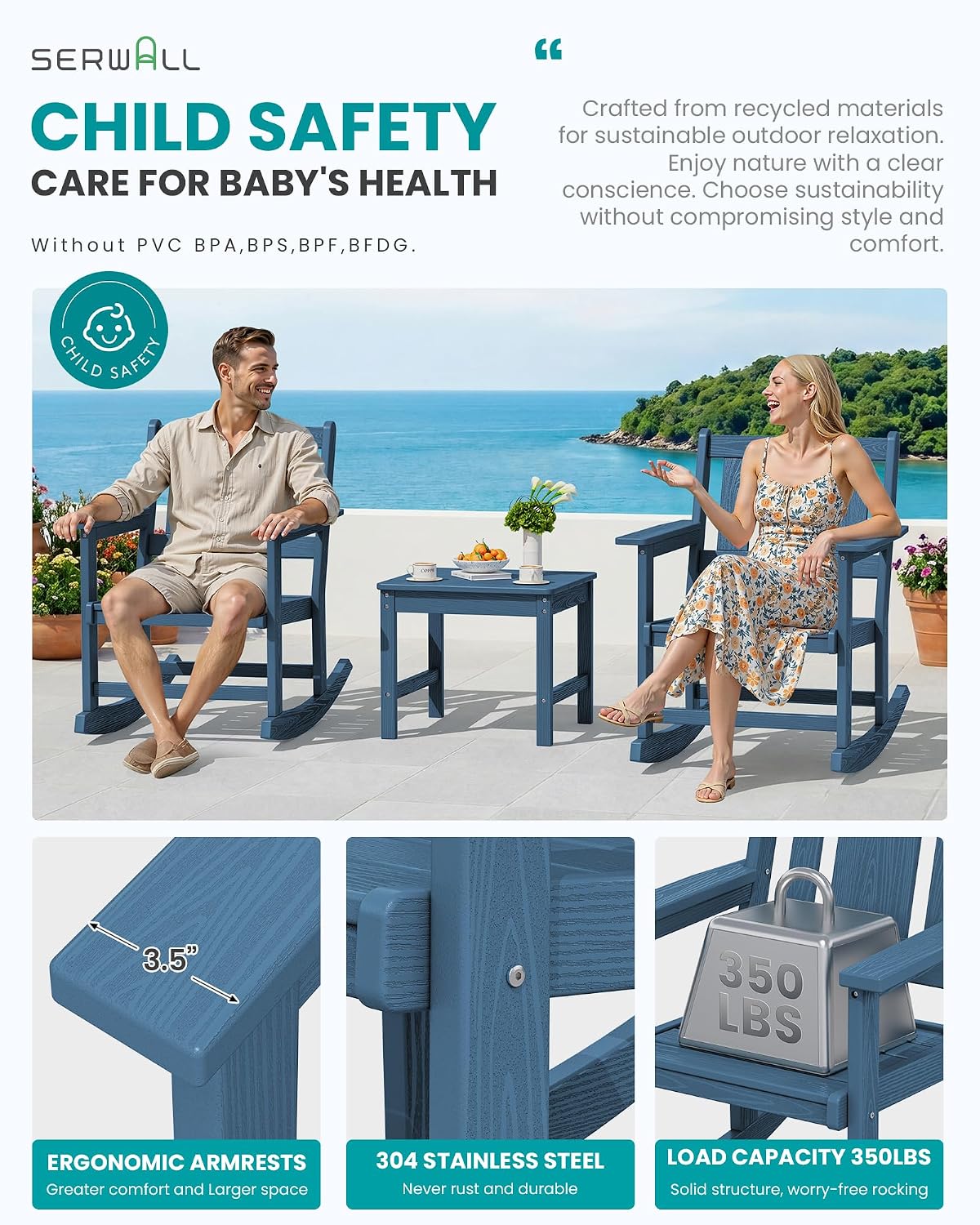 SERWALL Outdoor Rocking Chairs Set of 2 with 1 Side Table & 9ft Patio Umbrella, All-Weather HDPE 3 Piece Patio Furniture Set(Umbrella Base Not Included), Blue
