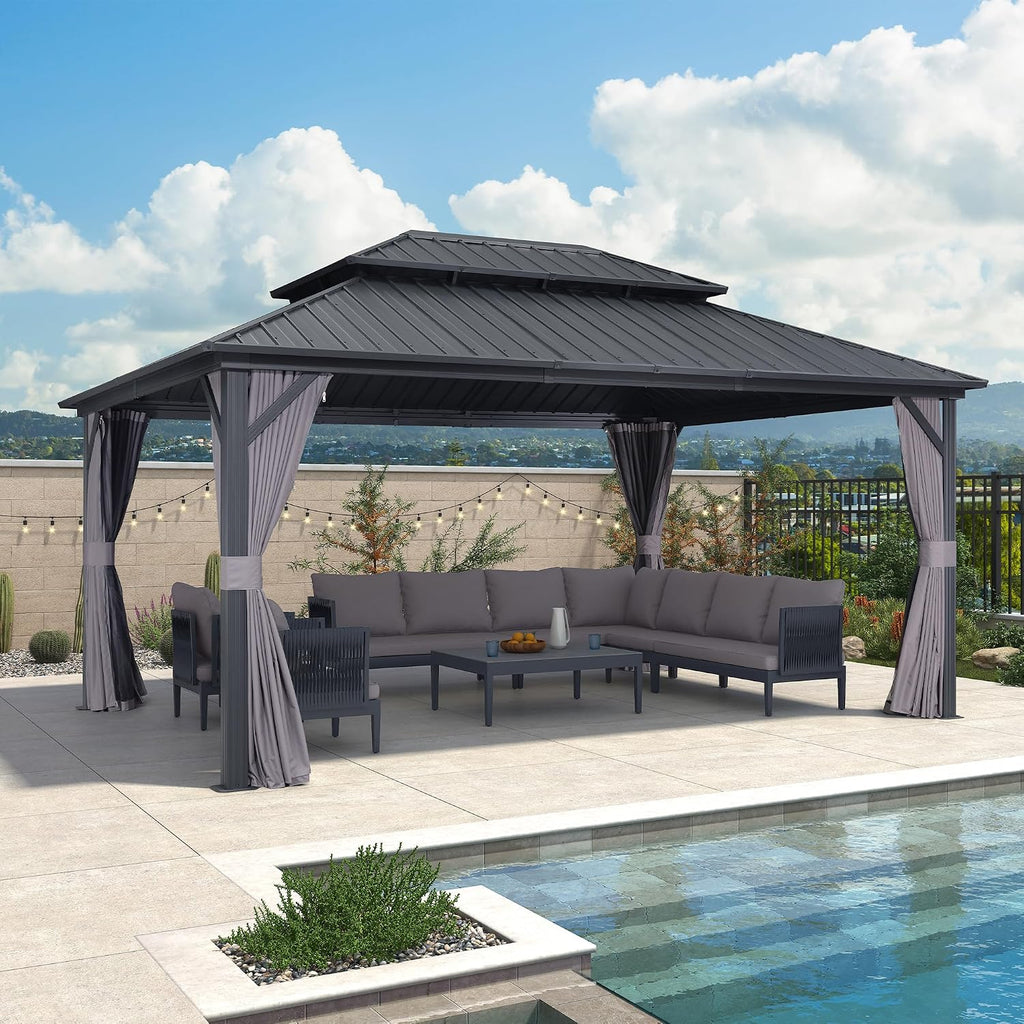 PURPLE LEAF 12' X 16' Permanent Hardtop Gazebo Outdoor Aluminum Gazebo with Heavy Duty Galvanized Steel Double Roof for Patio Lawn Garden Aluminum with Netting and Curtains Grey