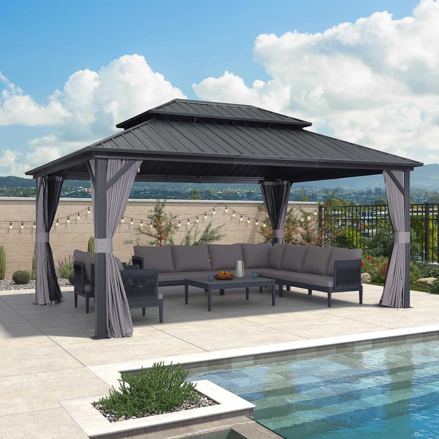 PURPLE LEAF 12' X 16' Permanent Hardtop Gazebo Outdoor Aluminum Gazebo with Heavy Duty Galvanized Steel Double Roof for Patio Lawn Garden Aluminum with Netting and Curtains Grey