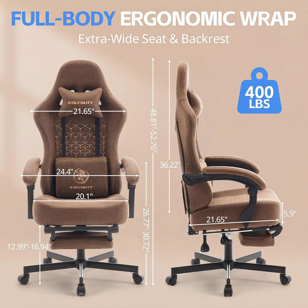 Gaming Chair Breathable Leather with Pocket Spring Cushion, Wide and High Ergonomic Office Chair with Headrest, Computer Gaming Chair with Footrest for Adult and Teen (Brown Leather)