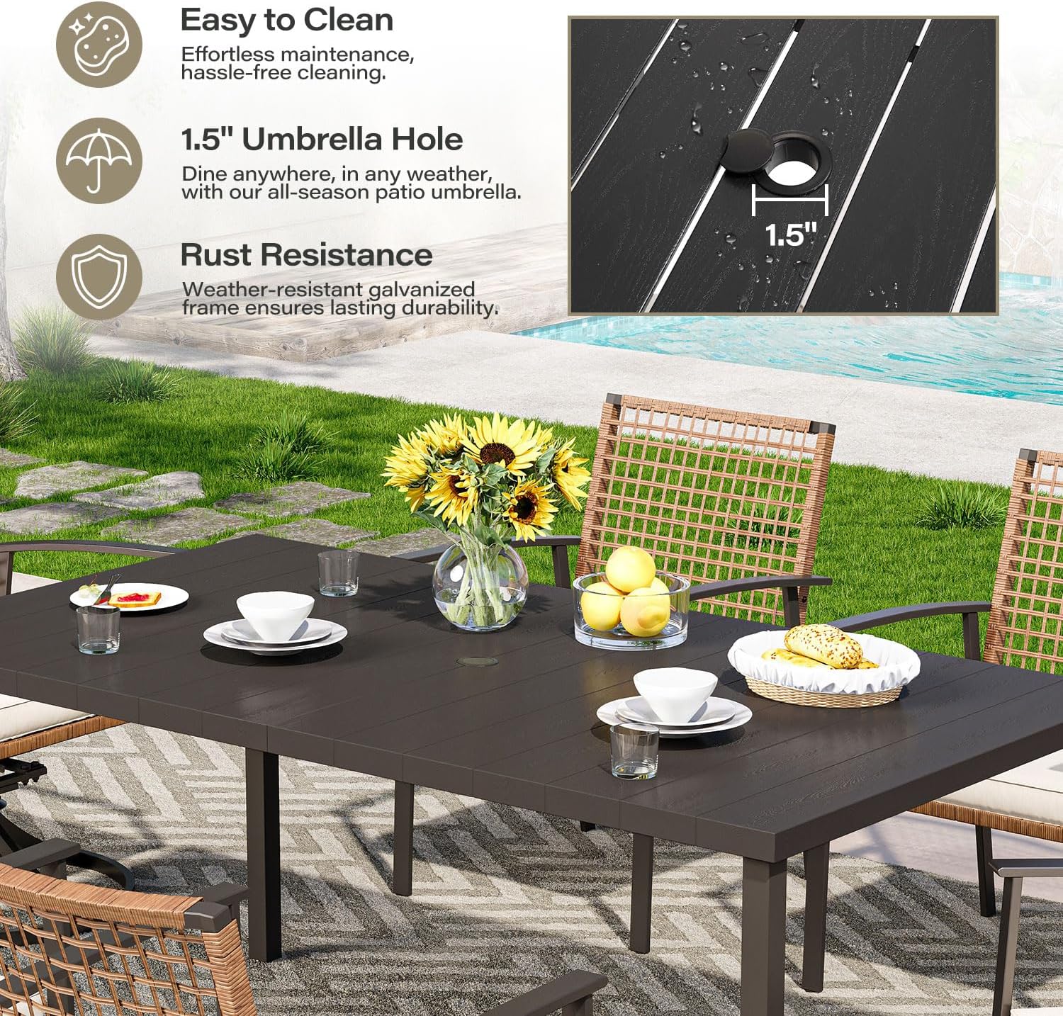 LAUSAINT HOME 7 Pieces Patio Dining Set, Outdoor Furniture Set of 6 Chairs with Soft Cushion and Iron Slats Table Top with Umbrella Hole, Conversation Set for Backyard, Garden and Poolside