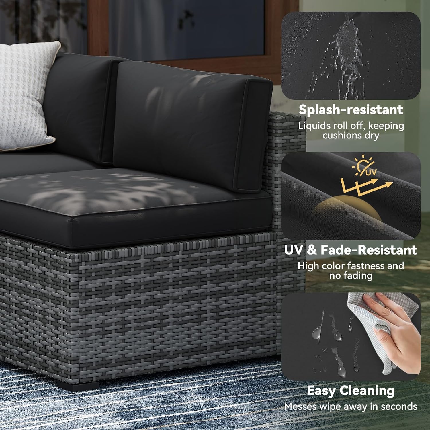 Aoxun Replacement Cushions for Outdoor Furniture, 9-Piece Outdoor Cushions for Patio Furniture, Deep Seat, Splash-Proof & Fade Resistant Couch Cushion for 4-Seat Patio Conversation Sets, Black