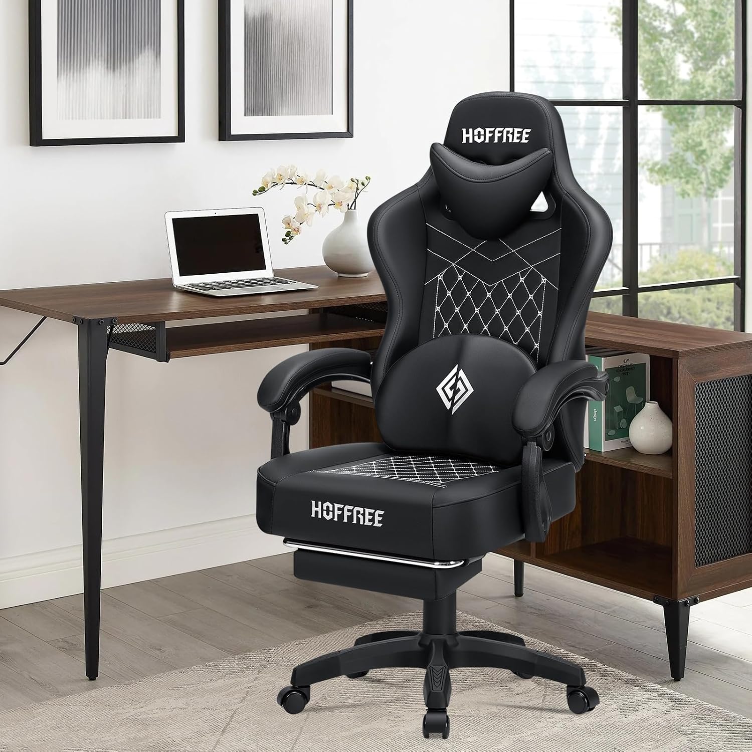 HOFFREE Gaming Chair with Speakers Massage Computer Gaming Chairs for Adults Reclining Bluetooth Game Chairs with Pocket Spring Cushion Video Game Chair with Footrest Computer Office Desk Chair Black