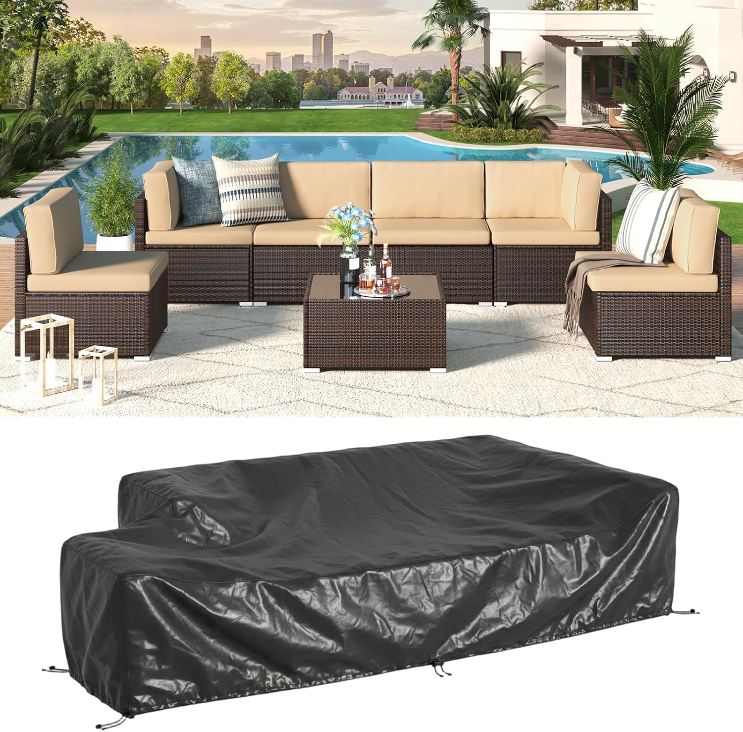 U-MAX 7 PCS Patio Funriture Set with Coffee Table (Four-line Rattan(7 pcs/with Cover), Brown Rattan&Beige)