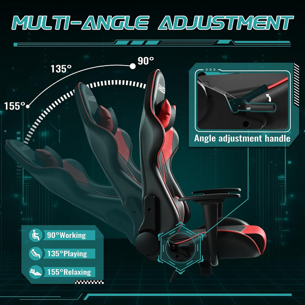 Furniwell Gaming Chair - High Back Computer Desk Chair with Headrest and Lumbar Support (Red)