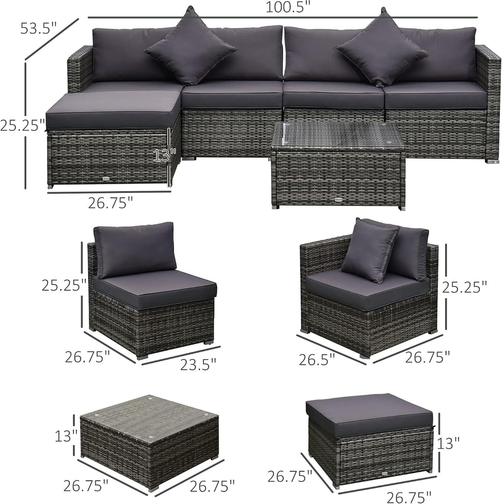 Outsunny 6 Piece Patio Furniture Set Outdoor Wicker Conversation Set All Weather PE Rattan Sectional Sofa Set with Ottoman, Cushions and Tempered Glass Table, Mixed Gray and Gray