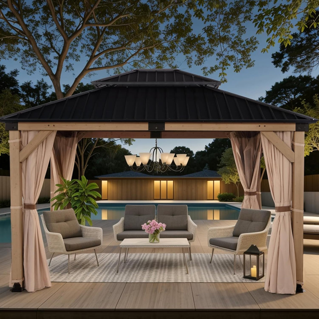 FAB BASED 10x12FT Hardtop Wood Gazebo, Natural Solid Cedar Frame Gazebo with 2-Tier Vented Roof, Outdoor Metal Canopy Pavilion with Netting & Curtains for Deck, Garden, Backyard, Lawn