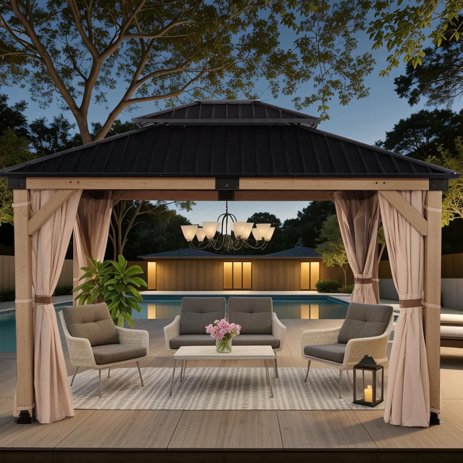 FAB BASED 10x12FT Hardtop Wood Gazebo, Natural Solid Cedar Frame Gazebo with 2-Tier Vented Roof, Outdoor Metal Canopy Pavilion with Netting & Curtains for Deck, Garden, Backyard, Lawn