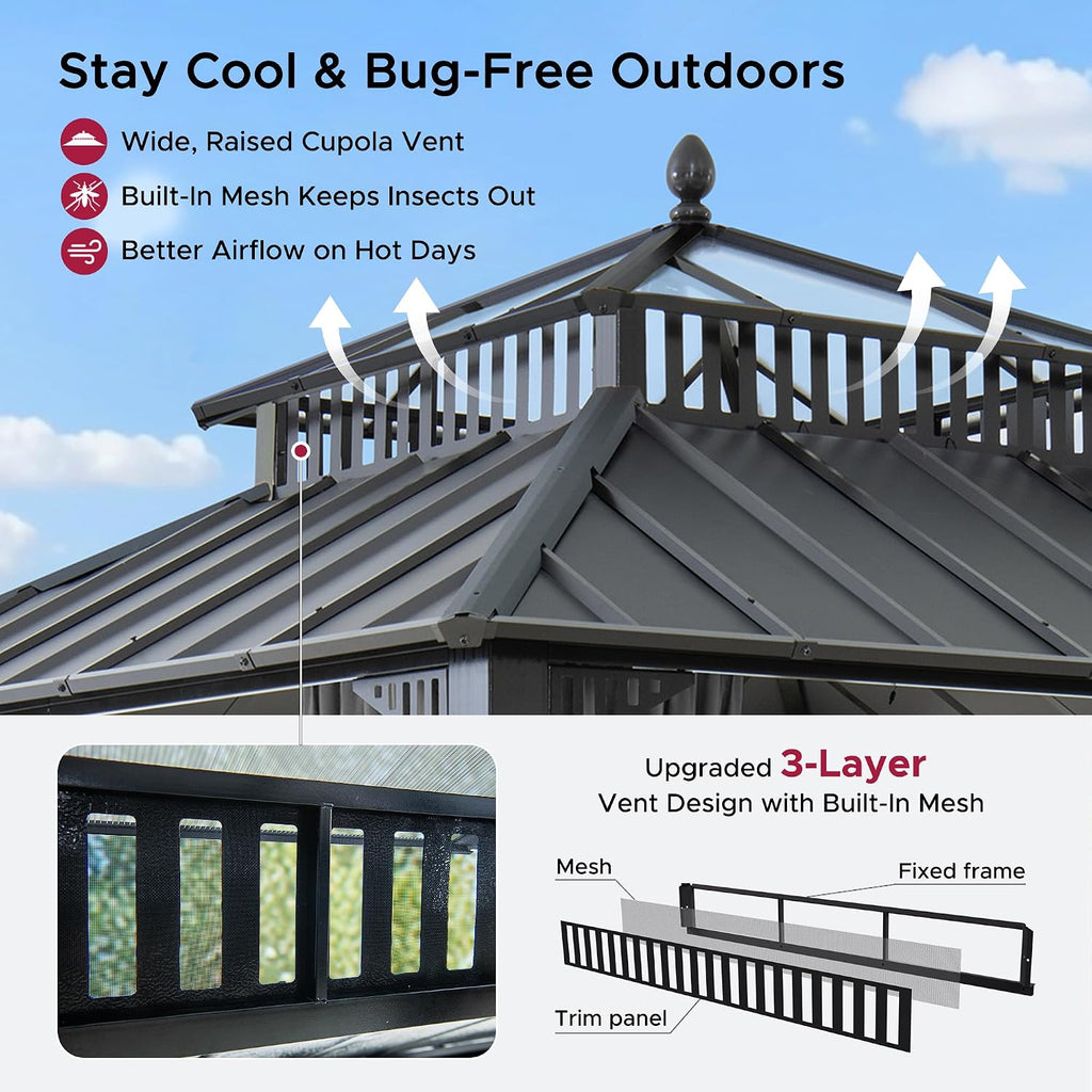 SUNJOY Kingston 10' x 10' Hardtop Gazebo with Galvanized Steel/Polycarbonate Double Roof, Curtain and Netting, Gray Aluminum Posts Permanent Pavilion Gazebo for Garden, Patio, Deck, Lawn