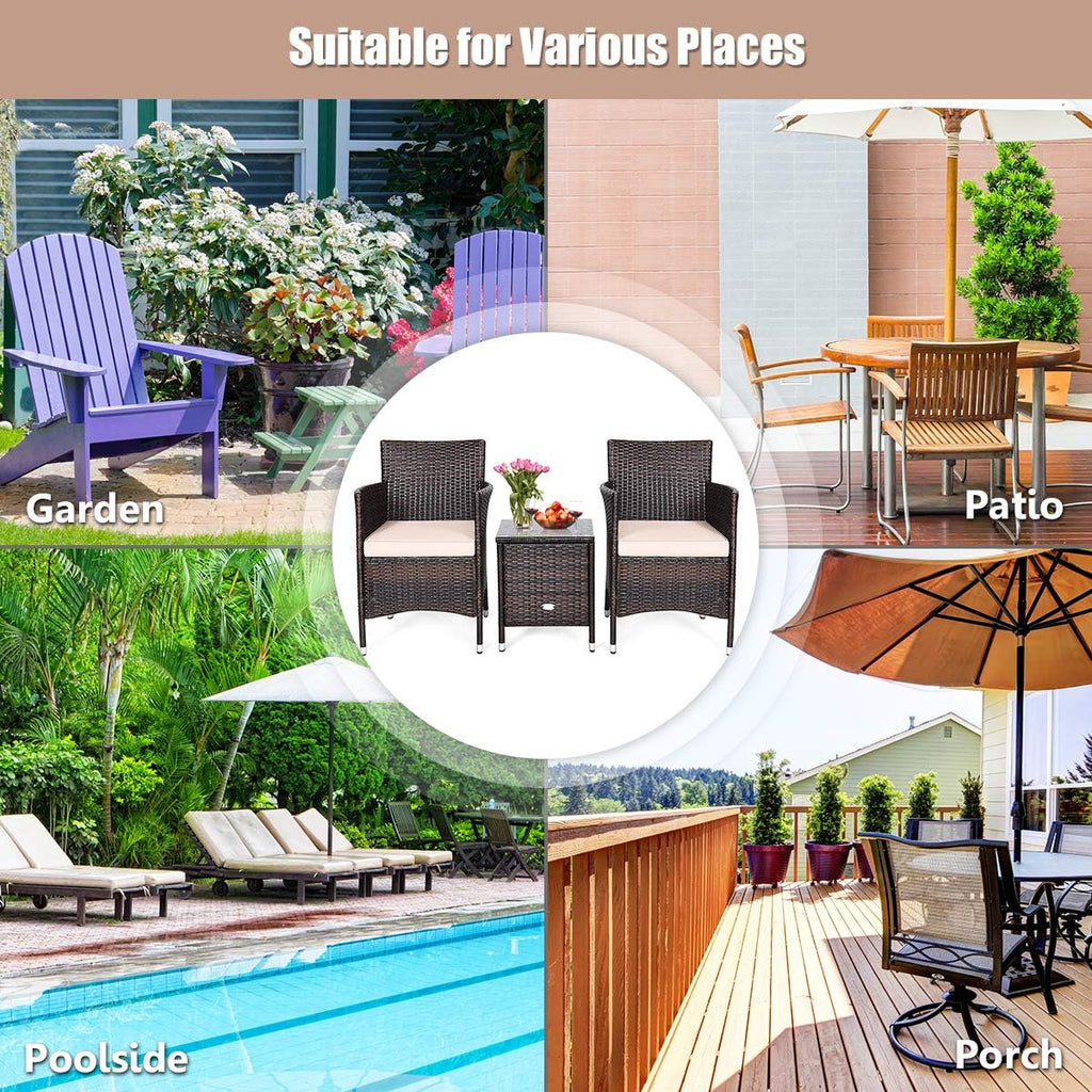 DORTALA Wicker Patio Furniture Set 3 Piece, Small Outdoor Table & Chairs Set with Cushions, All-Weather Rattan Conversation Bistro Set for Balcony, Porch, Backyard, Deck, Beige