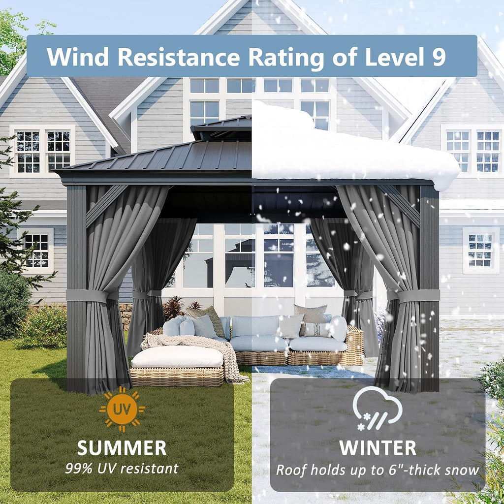 Aoxun 12' x 12' Permanent Hardtop Gazebo with Galvanized Steel Double Roof and Aluminum Frames Outdoor Large Pavilion Gazebo for Patio Deck Garden, Nettings and Curtains Included, Gray